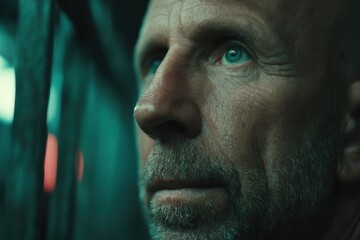 Obraz premium Close-up portrait of a pensive man with piercing blue eyes, a rugged beard, gazing slightly upwards with thoughtful expression and a dramatic lighting scheme.