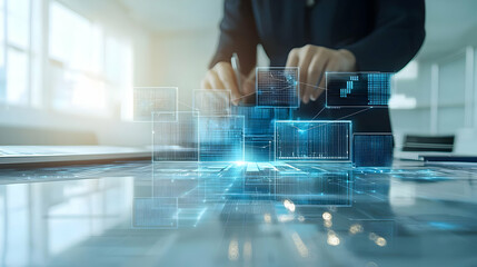 Hands Interacting With Digital Data Structure On Glass Table In Bright Office Setting