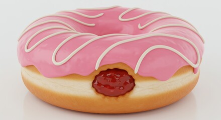 Enjoying a Strawberry Jam Donut with Pink Icing and White Stripes