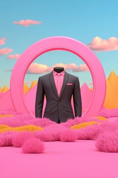 Surreal Headless Suit in Vibrant Pink Dreamscape with Geometric Elements