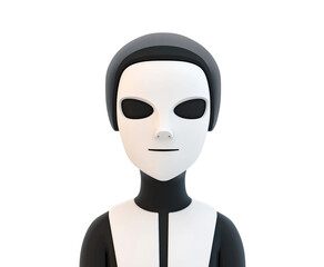 Minimalist black and white masked character with expressionless face, futuristic design, alien vibe, surreal concept, isolated on transparent background