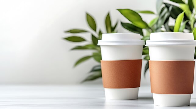 Two coffee cups on white marble table with greenery background.  Possible use Stock photo for coffee shop, beverage advertisement