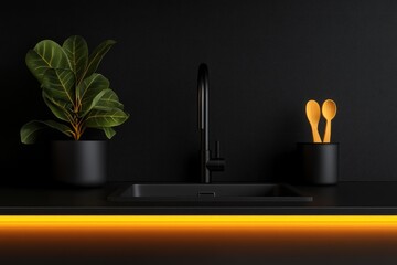 Modern Black Kitchen Interior with Black Sink, Minimalist Decor, and LED Lighting