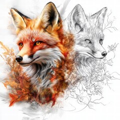 Naklejka premium Cute Woodland Fox – Full-Color and Outline Drawing for Educational and Creative Projects