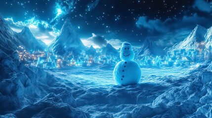 Snowman in a magical snowy village at night, under a starry sky.