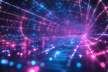 Synthwave wireframe net illustration. Abstract digital background. 80s, 90s Retro futurism, Retro wave cyber grid. Deep space surfaces. Neon lights glowing. Starry background.  3D Rendering, Generativ