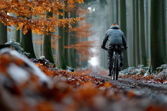 Bicyclist rides through a peaceful forest trail surrounded by autumn leaves in the morning light