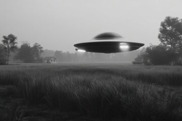 A mysterious, monochrome image of a UFO hovering over a field, near a quaint house, creating an eerie, science fiction scene with an otherworldly feel, fog.
