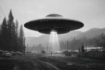 Naklejka premium A black and white science fiction scene depicting a UFO landing in a rural area, with people and vintage cars, creating a mysterious, otherworldly atmosphere.