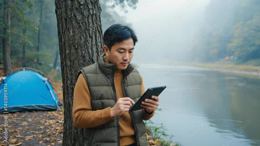 Poster a person taking a call or checking their phone while standing beside a tree, possibly in a park or g