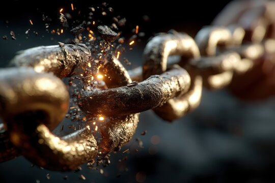 Dramatic close-up shot of a breaking metal chain with sparks flying and debris, conveying the concepts of strength and failure, highlighting tension and fragility.