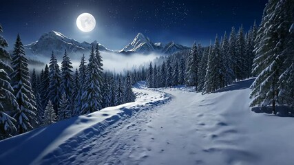 Peaceful winter landscape with snowy trail winding through conifer forest under full moon at night with mountains in the distance. - Powered by Adobe