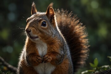 Squirrel standing alert in sunlight against blurred background