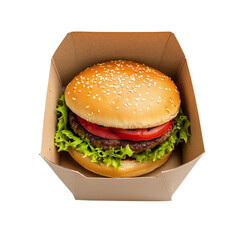 A craft brown eco-friendly burger box made from recycled cardboard on transparent png background. Ai generated