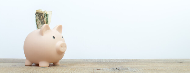 Piggy bank isolated on white background. Copy Space. panorama, banner.
