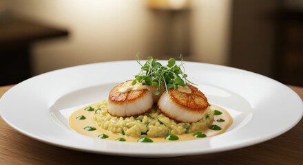Two scallops on risotto with garnish served on white plate on table.