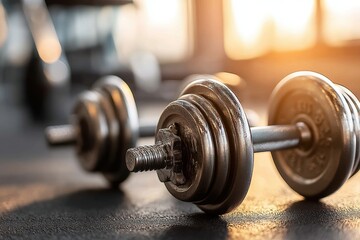 Naklejka premium Close-up of heavy dumbbells on the floor in a gym setting with golden sunlight, strength training, fitness, and healthy lifestyle focused view.