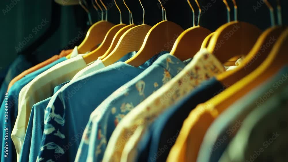 Poster clothing store display with various shirts hung on a rack, ideal for use in commercial settings or f