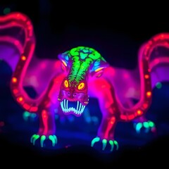 Fototapeta premium Fluorescent fantasy dragon with glowing green, pink, and red body standing against black background