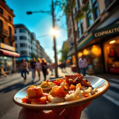 Delicious food on a plate held in hand, photographed outdoors with urban street view behind.