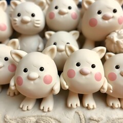 Fototapeta premium Collection of cute, small, white animal figurines with rosy cheeks, standing closely together.