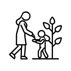 Illustration of mother and child planting tree together for environmental awareness campaign