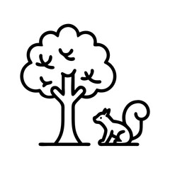 Squirrel under tree vector outline illustration wildlife forest animal nature icon design graphic art