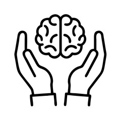 Brain health care and mental wellness concept with hands holding brain line art illustration