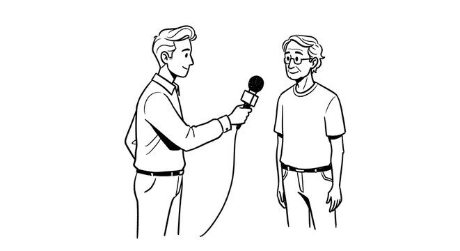 Cartoon illustration depicting a reporter interviewing a person with a microphone