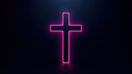 Fototapeta premium Pink neon Christian cross sign on a dark background.