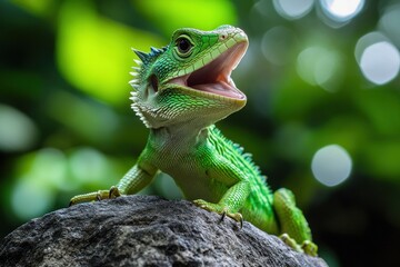 Fototapeta premium A vibrant green lizard with open mouth on a rock