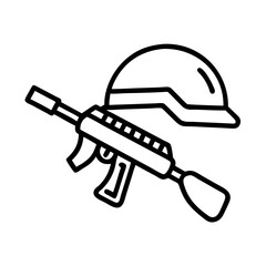 Military equipment illustration: rifle, helmet, war, army, soldier, weapon, combat, battleground