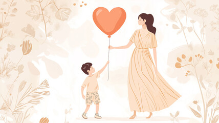 Balloon of Love. Mothers Day illustration of a child gifting a heart to mom.