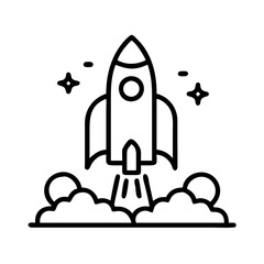 Rocket launch vector icon illustration startup concept spaceship outline with stars and smoke