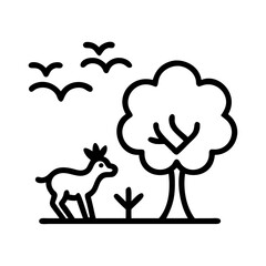 Deer in nature scene vector illustration featuring wildlife animals trees and birds outline drawing for design, 90