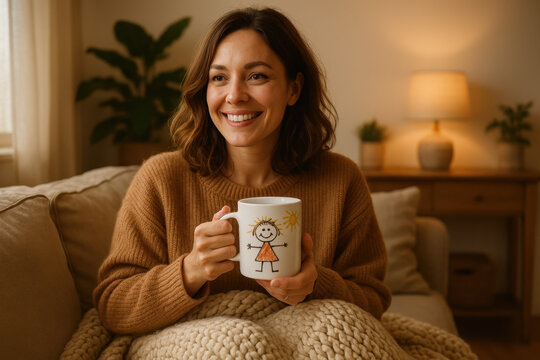 Portrait chaleureux d'une maman souriante tenant une tasse d&eacute;cor&eacute;e avec des dessins d&rsquo;enfant, ambiance cosy et &eacute;motionnelle pour illustrer la f&ecirc;te des m&egrave;res avec tendresse