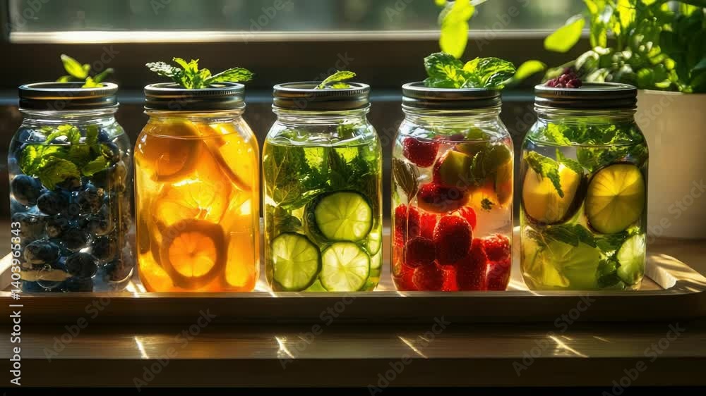 Poster fresh produce arranged in colorful mason jars for decoration or display.