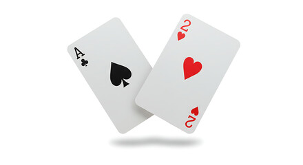 Obraz premium Bold Ace of Spades and Two of Hearts cards with an iconic floating effect, isolated on white for card game tutorials.