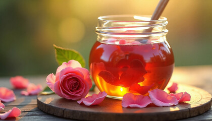 Rose Honey jar with petals glowing in soft sunlight  
