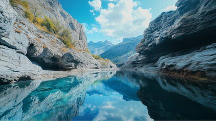 A turbulent river crashing against rocks, a wild mountain scene, a summer Balkan drama, the roar of the river crashing against rocks, wild mountains