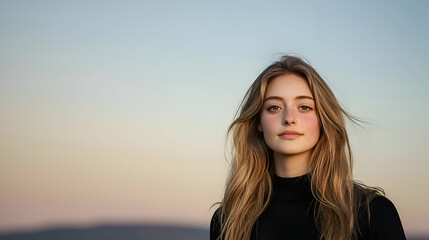 Fototapeta premium Portrait of a Young Woman with Blonde Curly Hair at Sunset