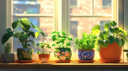 Indoor plants displayed on a windowsill catching the sunlight, bringing warmth.