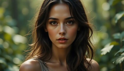 Naklejka premium Portrait of a Young Woman Surrounded by Green Foliage in Nature