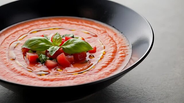 Serving Tomato Soup with Basil in Dark Bowl Close Up