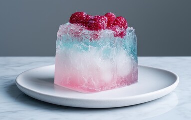 A colorful ice cube dessert topped with fresh raspberries on a white plate.