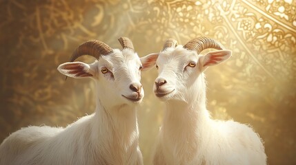 Fototapeta premium Two white goats, ornate background, religious light
