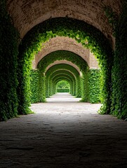 Fototapeta premium A beautiful tunnel of green ivy arches over a stone pathway.