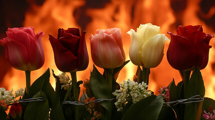 Vibrant tulip bouquet against a fiery backdrop lush greenery and delicate blooms