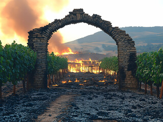 Vineyard fire through stone arch