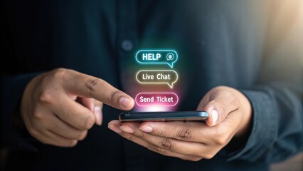 Digital Support Options: A person's hands hover over a smartphone displaying digital support options such as "Help," "Live Chat," and "Send Ticket," symbolizing readily available customer service.